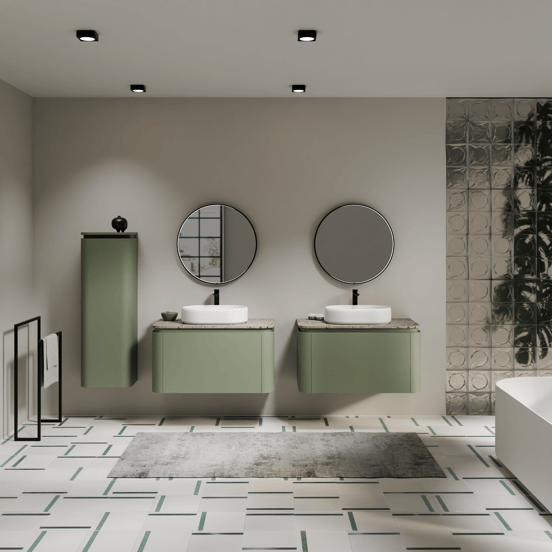 Balmani Moon zwevend badkamermeubel 100 x 55 cm saliegroen met Moon enkel tablet in terrazzo greige terrazzo