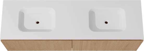 Balmani Eclips meuble salle de bains suspendu 180 x 55 cm Chêne naturelle avec Eclips double vasque en Solid Surface blanc mat, Nervure droite symétrique verticale