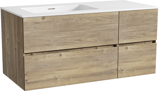 Storke Edge zwevend badmeubel 110 x 52 cm ruw eiken met Mata asymmetrisch linkse wastafel in solid surface mat wit