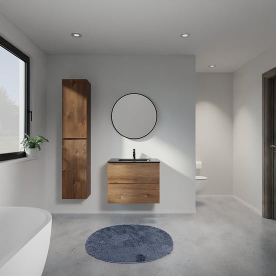 Linie Lado meuble salle de bains suspendu 70 x 46 cm chêne brun avec Baro plan simple en porcelaine noir mat