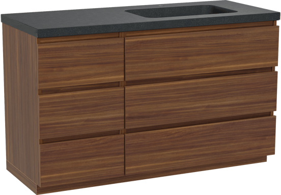 Balmani Lucida staand badmeubel 135 x 55 cm amerikaans notenhout met Napoli asymmetrisch rechtse wastafel in zwart graniet