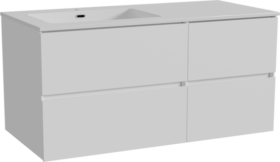 Storke Edge meuble salle de bains suspendu 110 x 52 cm blanc mat avec Diva plan vasque asymétrique à gauche en marbre composite blanc brillant