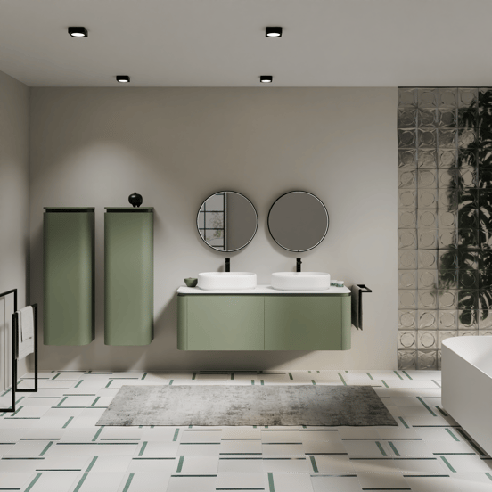 Balmani Moon zwevend badmeubel 160 x 55 cm saliegroen met Moon enkel of dubbel wastafelblad in solid surface mat wit