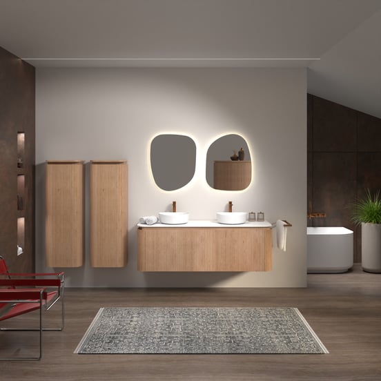 Balmani Moon meuble salle de bains suspendu 160 x 55 cm chêne naturel avec Moon tablette simple ou double en solid surface blanc mat, Nervure droite symétrique verticale