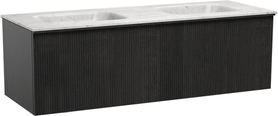 Balmani Forma zwevend badmeubel 150 x 55 cm zwart eiken met Tablo Arcato dubbele wastafel in marmer carrara, Verticale symmetrische rechte ribbel