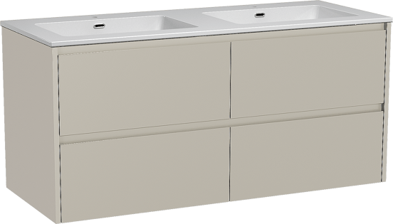 Storke Seda zwevend badmeubel 130 x 52 cm zijdegrijs met Diva dubbele wastafel in composietmarmer hoogglans wit