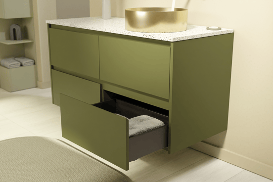 Storke Seda hängender Waschbeckenunterschrank: 130 x 52 cm, Olivgrün, 4 Schubladen