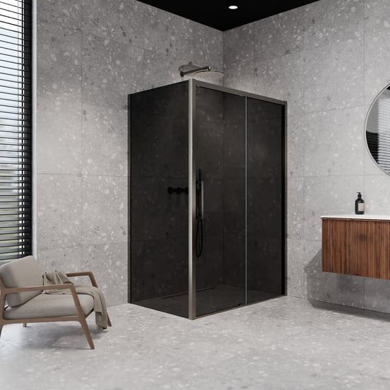Balmani Senses Design Eckdusche: Schiebetür (Rechts) mit fixierte Seitenwand, 120 x 90 cm, Rauchglas, Profil Brushed GunMetal