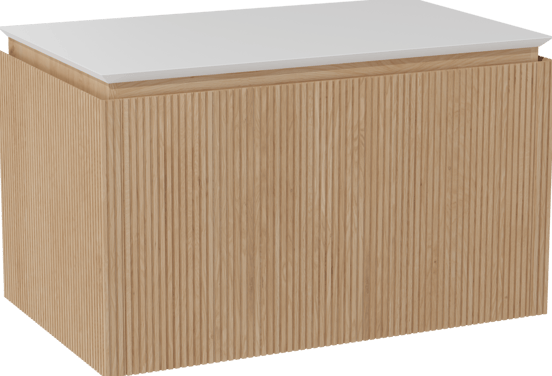 Balmani Eclips hängendes Möbelstück Set: 90 x 55 cm, Eiche Natur, mit Eclips Einzel Waschtischplatte Solid Surface Weiβ matt, Vertikale symmetrische gerade Rippe