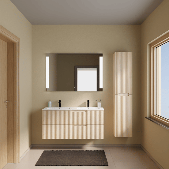 Linie Ribbo zwevend badkamermeubel 120 x 46 cm lichte eik met Vano dubbele wastafel in composietmarmer mat wit, Verticale symmetrische ronde ribbel