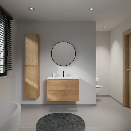 Linie Lado meuble salle de bains suspendu 80 x 46 cm chêne naturel avec Baro plan simple en porcelaine blanc mat