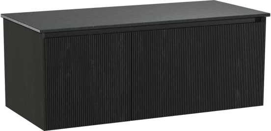 Balmani Fila hängendes Möbelstück Set: 120 x 55 cm, Schwarze Eiche, mit Stretto Einzel Waschtischplatte, Granit, Schwarzes Granit, Vertikale symmetrische gerade Rippe