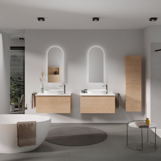 Balmani Forma zwevend badmeubel 90 x 55 cm naturel eiken met Stretto enkel wastafelblad in solid surface mat wit, Horizontale symmetrische rechte ribbel