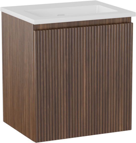 Storke Ribs zwevend badmeubel 45 x 35 cm notenhout met Diva enkele wastafel in composietmarmer hoogglans wit, Verticale symmetrische rechte ribbel