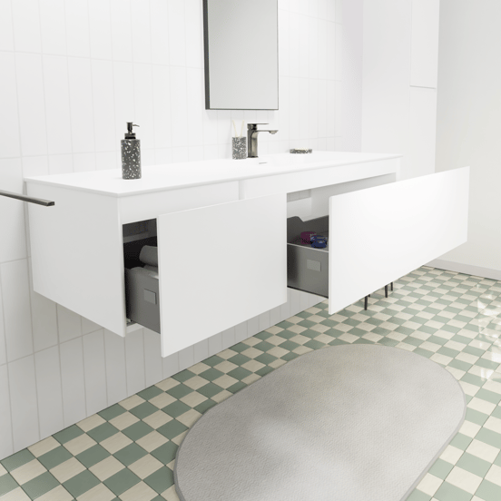 Storke Edge zwevend badmeubel 150 x 52 cm mat wit met Mata asymmetrisch rechtse wastafel in solid surface mat wit