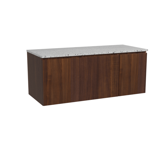 Storke Ribs zwevend badmeubel 120 x 52 cm notenhout met Tavola enkel of dubbel wastafelblad in mat wit/zwart terrazzo, Verticale symmetrische rechte ribbel