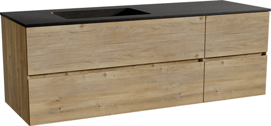 Storke Edge meuble salle de bains suspendu 150 x 52 cm chêne brut avec Scuro plan vasque asymétrique à gauche en quartz noir mat