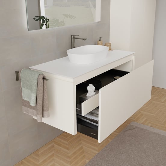 Balmani Eclips zwevend badmeubel 120 x 55 cm Sandbeige met Eclips enkel of dubbel wastafelblad in Solid Surface mat wit