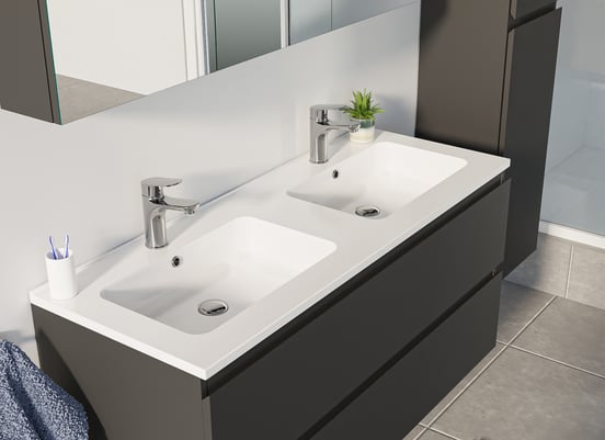 Linie Lado hängender Waschbeckenunterschrank: 120 x 46 cm, Schwarz Matt, 2 Schubladen, 2 Siphonaussparungen