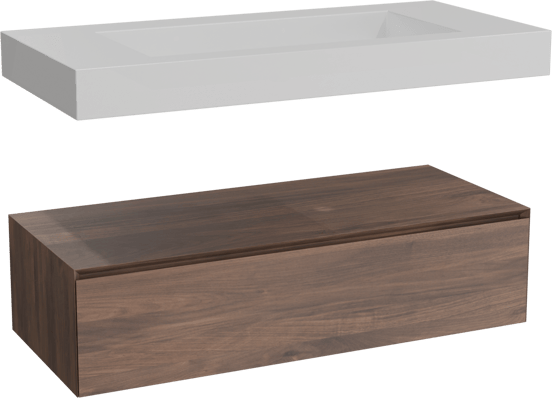 Balmani Mitra Elements zwevend badmeubel 120 x 55 cm Amerikaanse notenhout met Modus enkele wastafel voor 2 kraangaten in solid surface mat wit