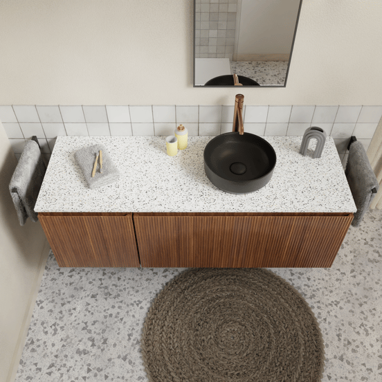 Storke Tavola enkel of dubbel wastafelblad mat wit/zwart terrazzo 150 x 52 cm