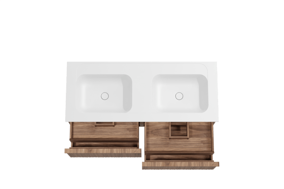 Balmani Forma hängendes Möbelstück Set: 135 x 55 cm, Amerikanischer Nussbaum, mit Tablo Strada Doppelwaschtisch, Marmorkomposit, Weiß matt, Vertikale asymmetrische Runde Rippe