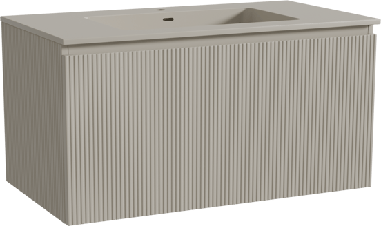 Storke Ribs zwevend badmeubel 95 x 52 cm zijdegrijs met Diva enkele wastafel in top solid zijdegrijs, Verticale symmetrische rechte ribbel