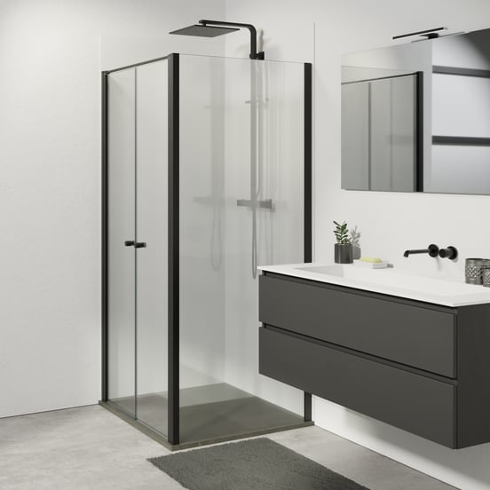 Luca Varess Kuresa coin-douche porte battante avec paroi latérale fixe 90 x 90 cm verre transparent et profil noir mat