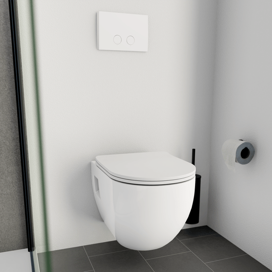 Linie Waldo hangend toilet hoogglans wit randloos met Geberit UP320 Systemfix inbouwreservoir en bedieningspaneel