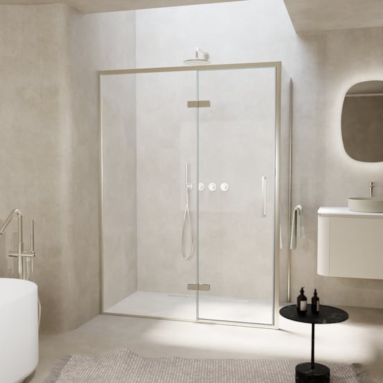 Balmani Senses Design douche en coin avec porte pivotante à gauche et paroi latérale fixe, 140 x 70 cm, Verre transparent, Profil Brushed CoolMetal, coating inclus