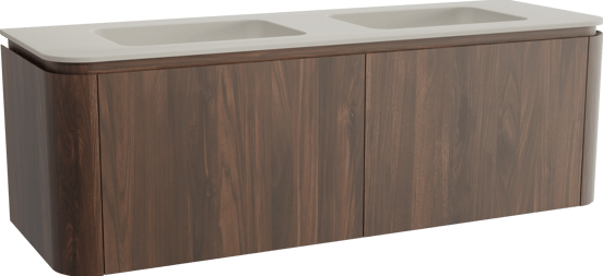 Balmani Moon zwevend badkamermeubel 160 x 55 cm amerikaanse notelaar met Moon dubbele wastafel in top solid zijdegrijs