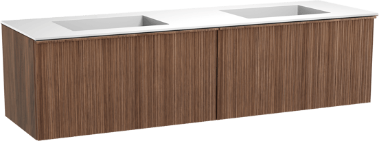 Balmani Forma hängendes Möbelstück Set: 180 x 55 cm, Amerikanischer Nussbaum, mit Tablo Stretto Doppelwaschtisch, Solid Surface, Weiß matt, Vertikale asymmetrische Runde Rippe