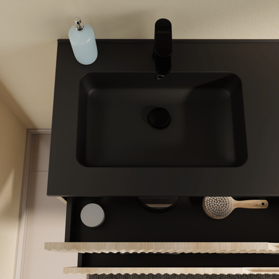 Linie Ribbo zwevend badmeubel 60 x 46 cm licht eiken met Vano enkele wastafel in composietmarmer mat zwart, Verticale symmetrische ronde ribbel