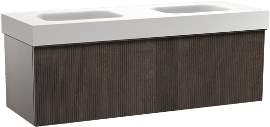 Balmani Forma zwevend badmeubel 150 x 55 cm gerookt eiken met Arcato dubbele wastafel in solid surface mat wit, Verticale symmetrische rechte ribbel