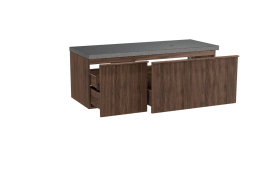 Balmani Forma zwevend badmeubel 135 x 55 cm amerikaans notenhout met Rock asymmetrisch rechtse wastafel in zwart graniet, Verticale symmetrische rechte ribbel