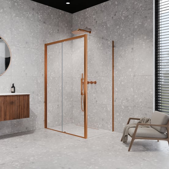 Balmani Senses Design douche d'angle avec porte coulissante à gauche et paroi latérale fixe, 140 x 90 cm, Verre transparent, Profil Brushed Rosegold, coating inclus