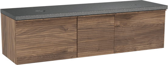 Balmani Forma zwevend badmeubel 180 x 55 cm amerikaans notenhout met Rock dubbel wastafelblad in zwart graniet, Horizontale symmetrische rechte ribbel