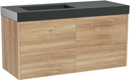 Storke Seda zwevend badmeubel 130 x 52 cm ruw eiken met Scuro High asymmetrisch linkse wastafel in kwarts mat zwart