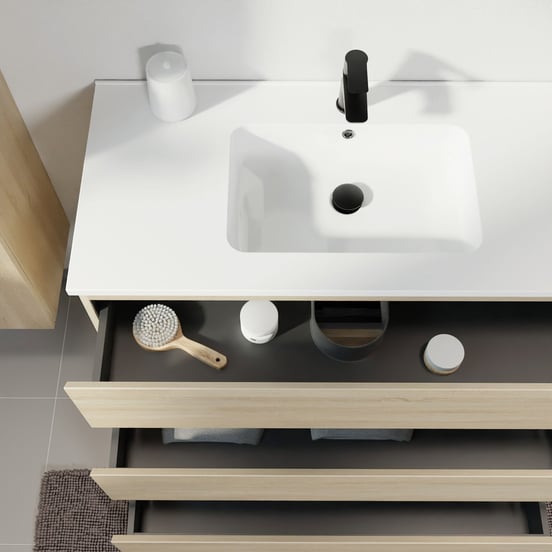 Linie Lado staand badmeubel 100 x 46 cm wit eiken met Vano enkele wastafel in composietmarmer hoogglans wit