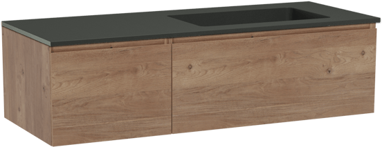 Storke Edge meuble salle de bains suspendu 130 x 52 cm chêne brut avec Scuro plan vasque asymétrique à droite en quartz noir mat