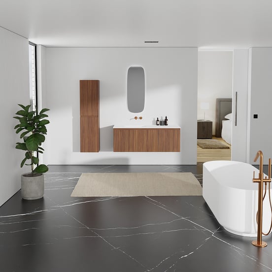 Balmani Sfera zwevend badkamermeubel 135 x 55 cm amerikaanse notelaar met Tablo Arcato dubbele wastafel in solid surface mat wit