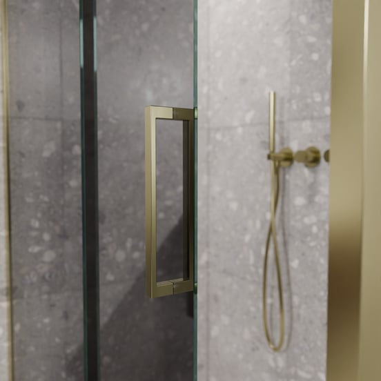 Balmani Senses Design douche d'angle avec porte coulissante à gauche et paroi latérale fixe, 160 x 100 cm, Verre miroir reflex, Profil Brushed Champagne Gold
