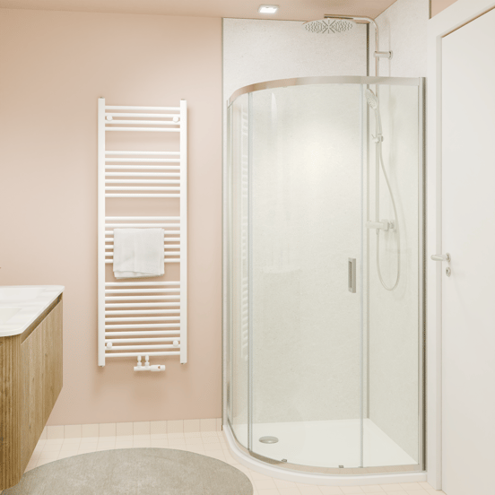 Luca Varess Vidor coin douche quart de rond avec porte coulissante 90 x 90 cm verre transparent profil chrome brillant