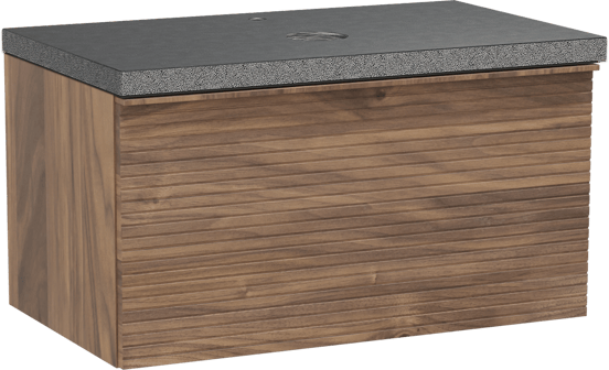 Balmani Forma meuble salle de bains suspendu 90 x 55 cm noyer américain avec Rock tablette simple en granit noir, Nervure gauche symétrique horizontale