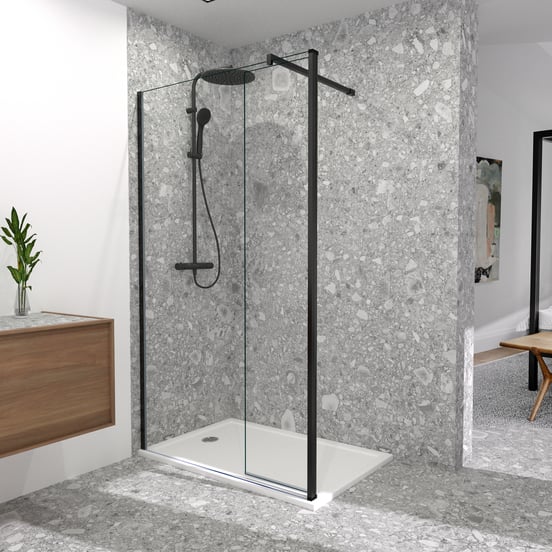 Balmani Move douche à l'italienne avec panneau latéral pivotant 120 x 200 cm verre transparent profil noir mat