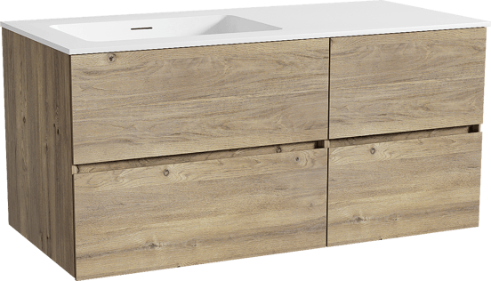 Storke Edge zwevend badmeubel 110 x 52 cm ruw eiken met Mata asymmetrisch linkse wastafel in solid surface mat wit