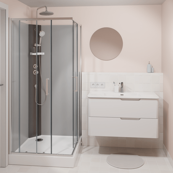 Linie Salta cabine de douche avec portes coulissantes 90 x 90 cm verre transparent profil chrome avec robinet