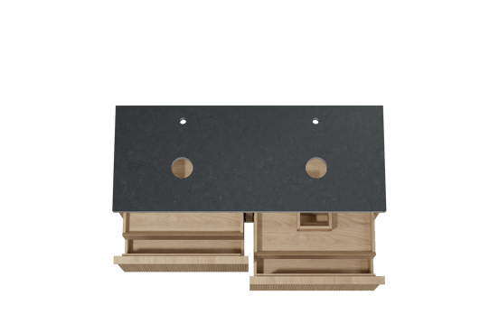 Balmani Forma zwevend badmeubel 135 x 55 cm naturel eiken met Rock dubbel wastafelblad in zwart graniet, Verticale symmetrische rechte ribbel