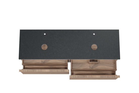 Balmani Forma hängendes Möbelstück Set: 180 x 55 cm, Amerikanischer Nussbaum, mit Rock Doppel Waschtischplatte, Granit, Schwarzes Granit, Horizontale symmetrische gerade Rippe
