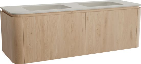 Balmani Moon zwevend badkamermeubel 160 x 55 cm natuur eik met Moon dubbele wastafel in top solid zijdegrijs